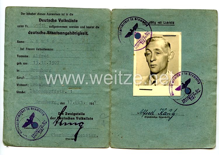 III. Reich - Ausweis der Deutschen Volksliste für eine Mann des Jahrgangs 1907 aus Bromberg Bild 2