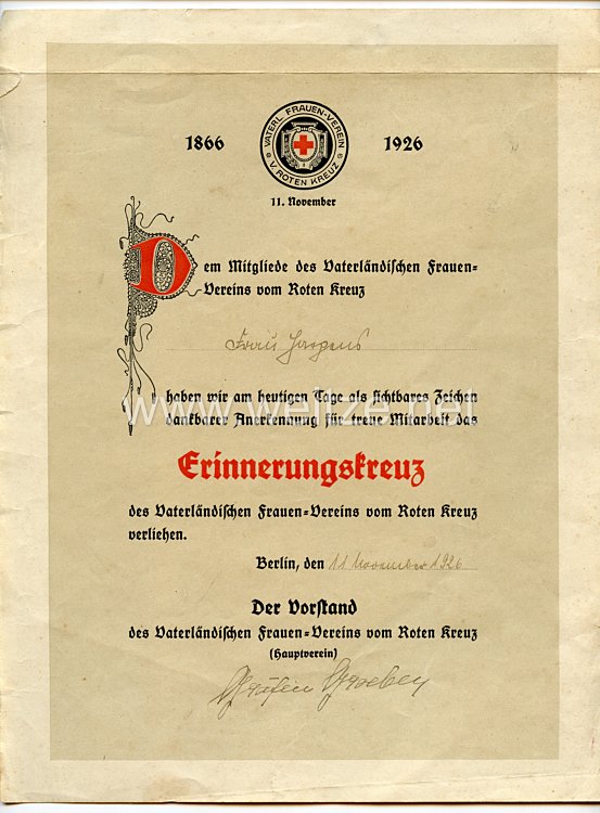 Vaterland Frauen-Verein / Roten Kreuz -  Verleihungsurkunde für das Erinnerungskreuz