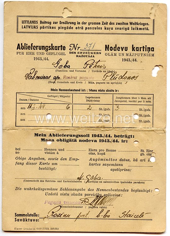 III. Reich / Lettland - Lettlands Beitrag zur Ernährung in der grossen Zeit des Zweiten Weltkrieges - Ablieferungskarte für Eier und Geflügel 1943/44