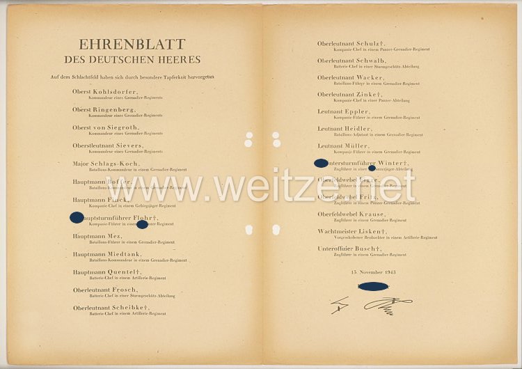 Ehrenblatt des deutschen Heeres - Ausgabe vom 15. November 1943