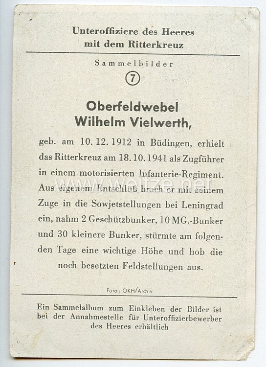 Heer - Originalunterschrift von Ritterkreuzträger Oberfeldwebel Wilhelm Vielwerth Bild 2