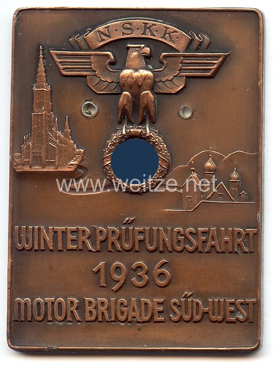 NSKK - nichttragbare Teilnehmerplakette - " Winterprüfungsfahrt 1936 Motor Brigade Süd-West "