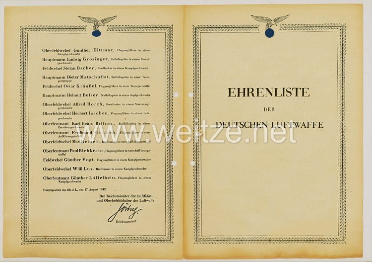 Ehrenliste der Deutschen Luftwaffe - Ausgabe vom 17. August 1942