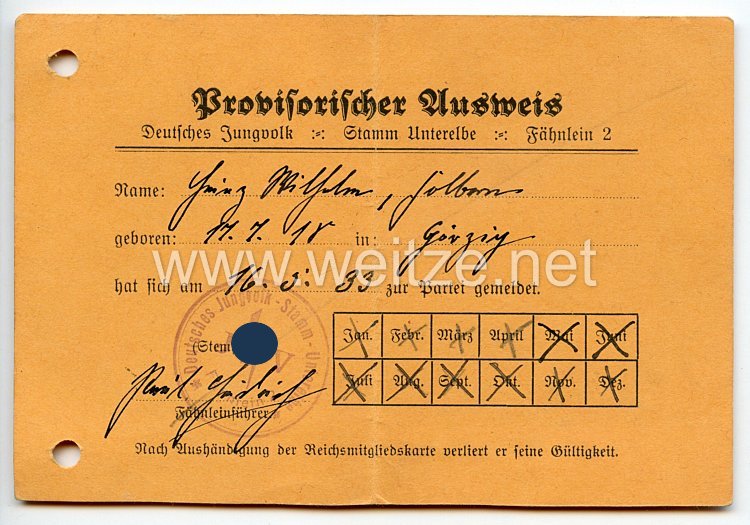 Deutsches Jungvolk ( DJ ) Stamm Unterelbe Fähnlein 2 - Provisorischer Ausweis für einen Jungen des Jahrgangs 1918