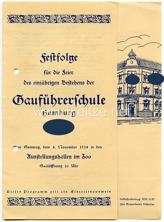 III. Reich - Festfolge für die Feier des einjährigen Bestehens der Gauführerschule Hamburg am 4.11.1934