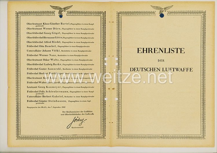 Ehrenliste der Deutschen Luftwaffe - Ausgabe vom 07.September 1942 Verleihungen DK in Gold