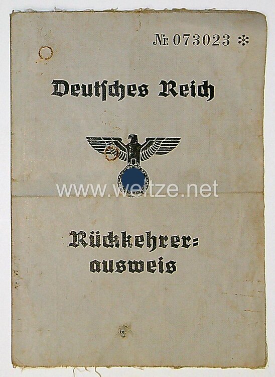 III. Reich - Rückkehrerausweis für eine Frau des Jahrgangs 1892