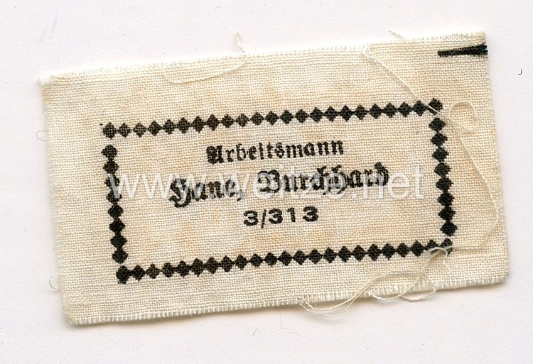 Reichsarbeitsdienst (RAD) Namensetikett für die Uniform "Arbeitsmann Hane Burckhard 3/313"