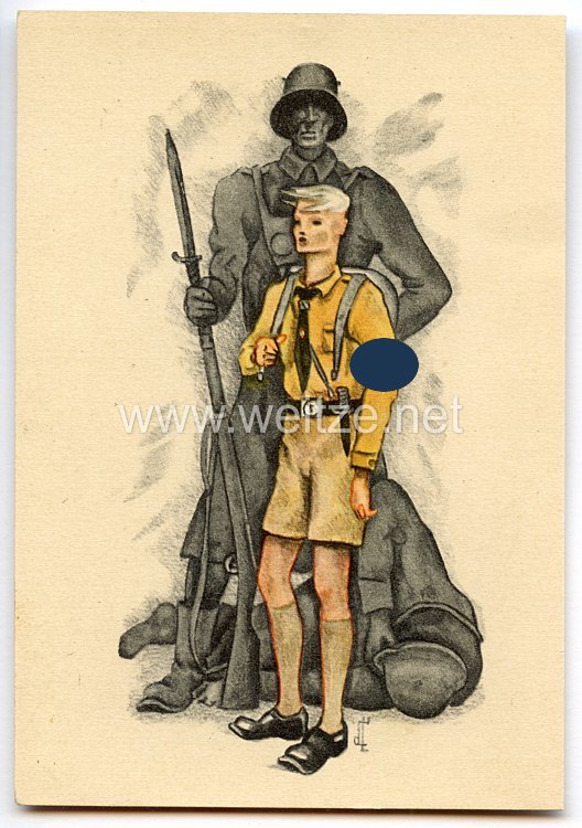 HJ - farbige Propaganda-Postkarte - " Hitlerjugend - Wehrmacht "