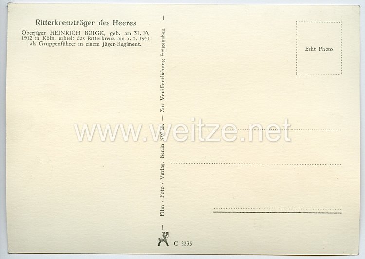 Heer - Originalunterschrift von Ritterkreuzträger Oberjäger Heinrich Boigk Bild 2