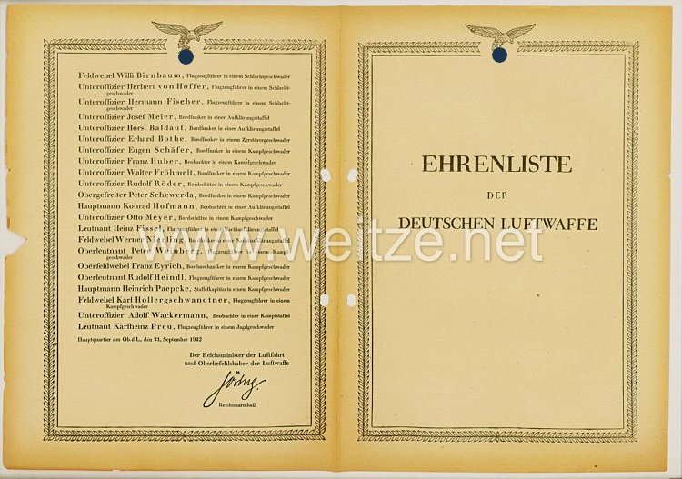 Ehrenliste der Deutschen Luftwaffe - Ausgabe vom 21.September 1942 Verleihungen Ehrenpokal