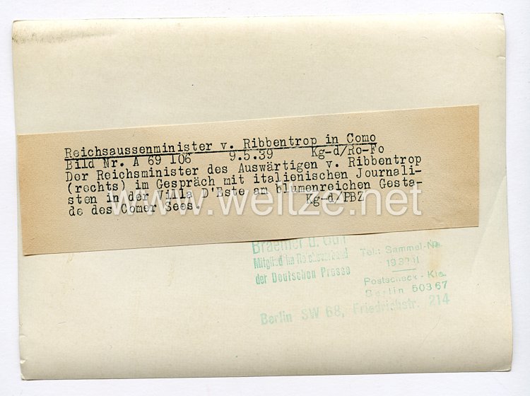 III. Reich Pressefoto. Reichsaussenminister v. Ribbentrop in Como. 9.5.1939. Bild 2