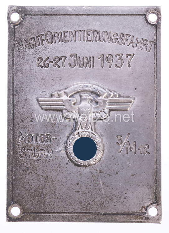 NSKK - Nichttragbare Teilnehmerplakette " Motorsturm 3/M12 Nacht-Orientierungsfahrt 26.-27. Juni 1937 "