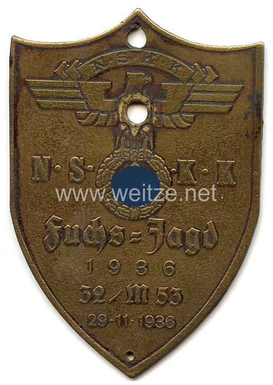 NSKK - nichttragbare Teilnehmerplakette - " NSKK 32/M53 Fuchsjagd 29.11.1936 "