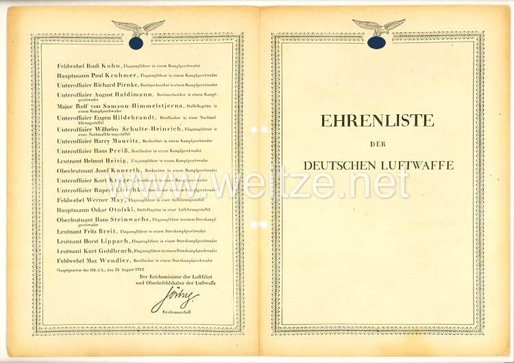 Ehrenliste der Deutschen Luftwaffe - Ausgabe vom 24. August 1942 Pokal Verleihungen