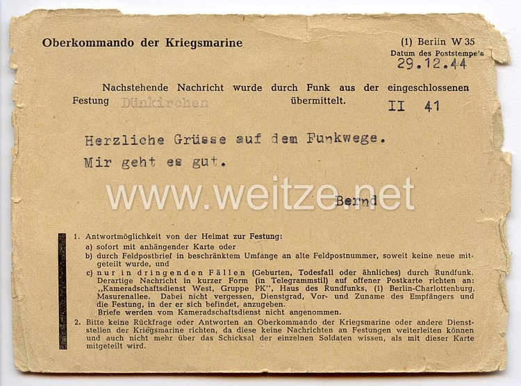 Festung Dünkirchen - Feldpostkarte als Festungspost an eine Frau in Hagen/Westfalen