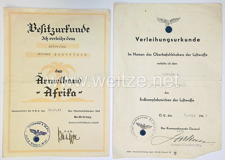 Urkundenpaar von einem Gefreiten /Ärmelband Afrika u. Erdkampfabzeichen der Luftwaffe