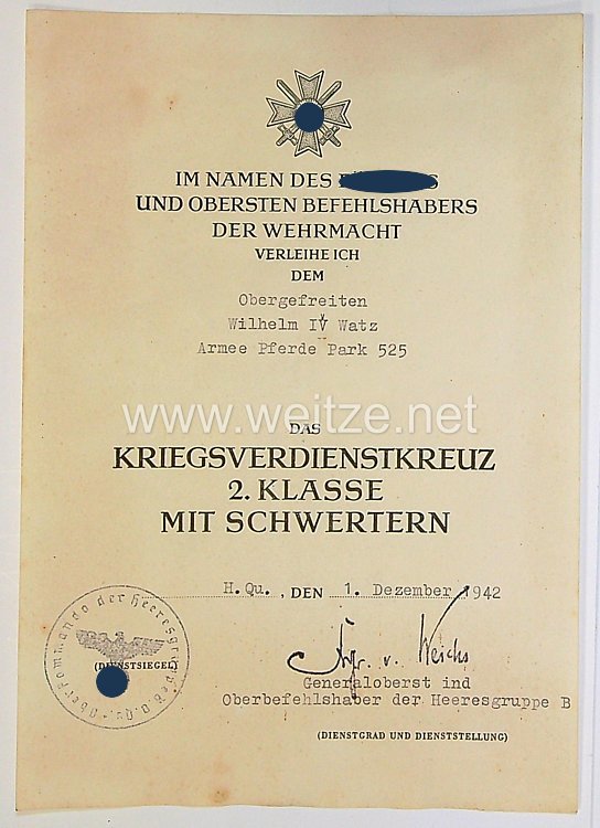 Heer - Urkunde zum Kriegsverdienstkreuz 2. Klasse mit Schwertern, - Armee Pferde Park 525