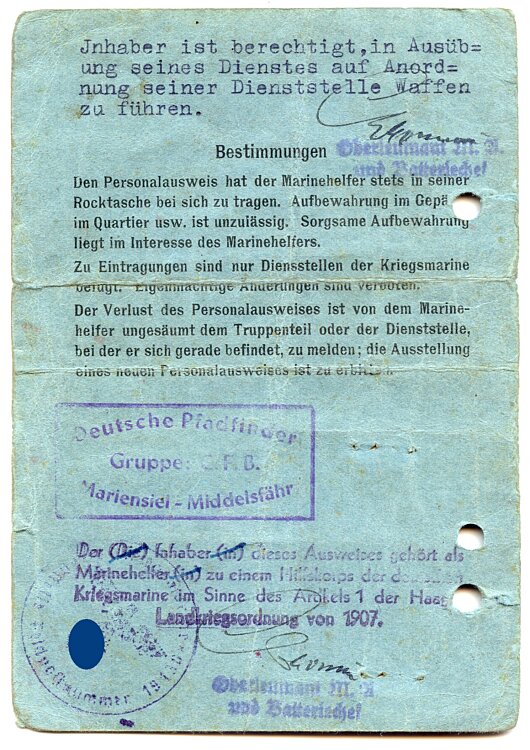 Kriegsmarine - Personalausweis für einen Marinehelfer des Jahrgangs 1928 Bild 2