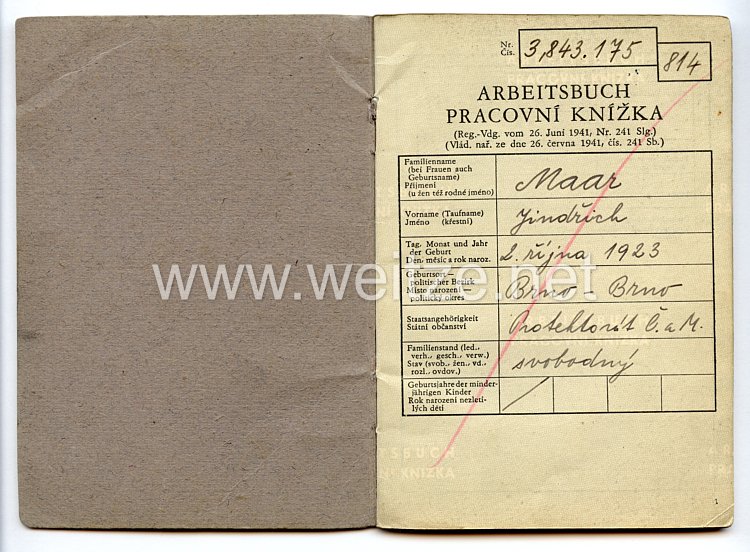 III. Reich - Protektorat Böhmen und Mähren - Arbeitsbuch für einen Mann des Jahrgangs 1923 Bild 2