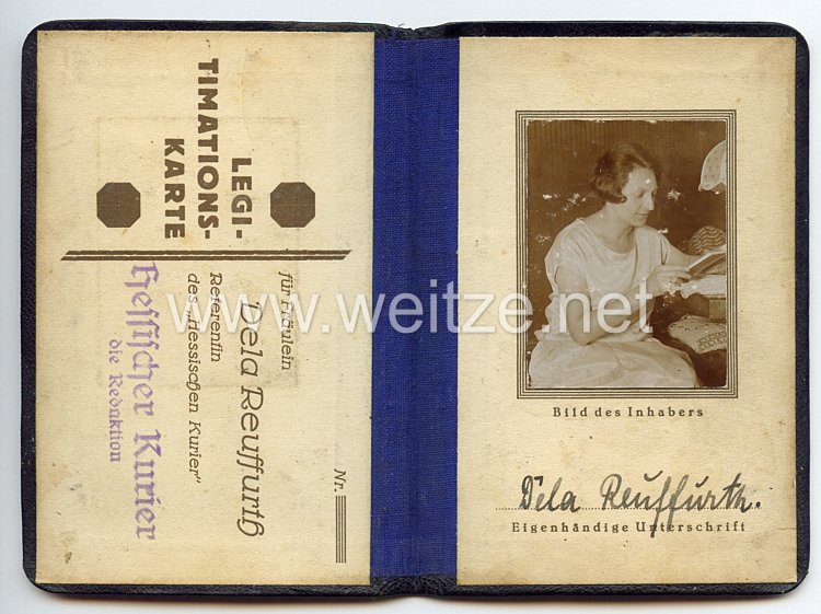 Deutsches Reich - Legitimationskarte für ein Fräulein als Referentin des " Hessischen Kurier " Bild 2