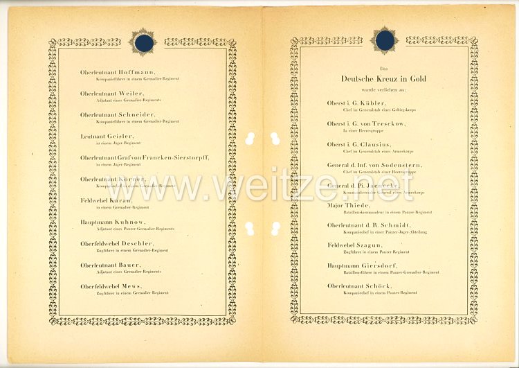 Verleihungsliste für das Deutsche Kreuz in Gold - Januar 1943