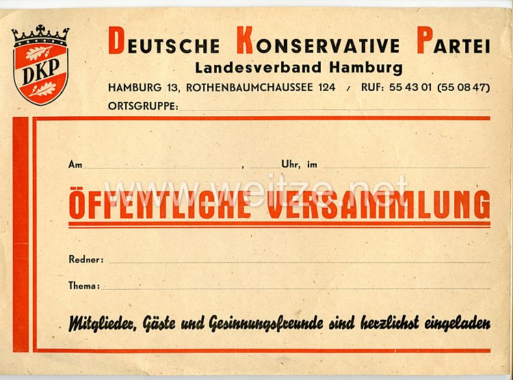 DKP - Deutsche Konservative Partei (1945–1946) Landesverband Hamburg - Aushang für eine öffentliche Versammlung
