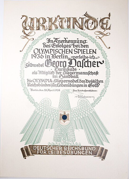 Olympiade 1936 - Olympia-Siegernadel in Gold - Verleihungsurkunde
