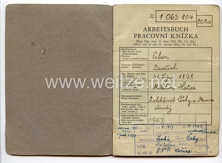 III. Reich - Protektorat Böhmen und Mähren - Arbeitsbuch für einen Mann des Jahrgangs 1898 Bild 2