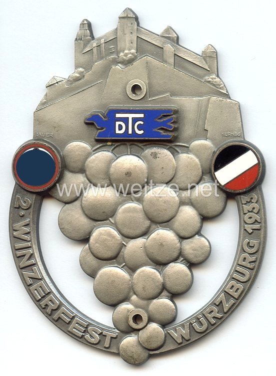 III. Reich - nichttragbare Teilnehmerplakette - " DTC 2. Winzerfest Würzburg 1933 "