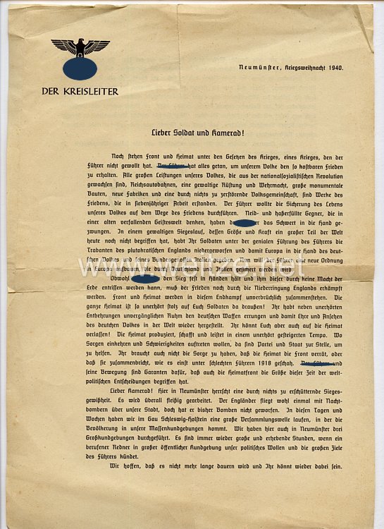 III. Reich - Rundschreiben vom Kreisleiter in Neumünster zur Kriegsweihnacht 1940
