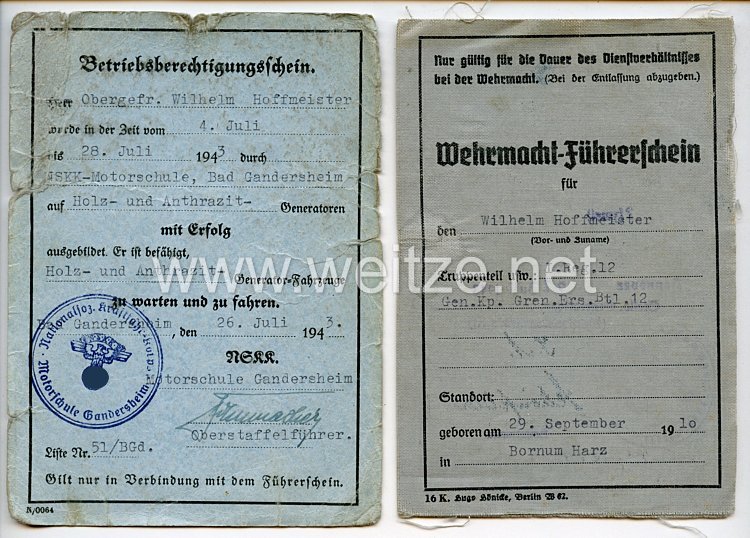 NSKK-Motorschule Gandersheim - Betriebsberechtigungsschein und Wehrmacht-Führerschein