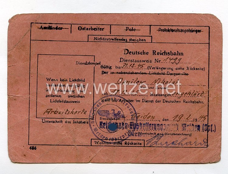 III. Reich - Dienstausweis Reichsbahn für einen Ostarbeiter des Jahrgangs 1925