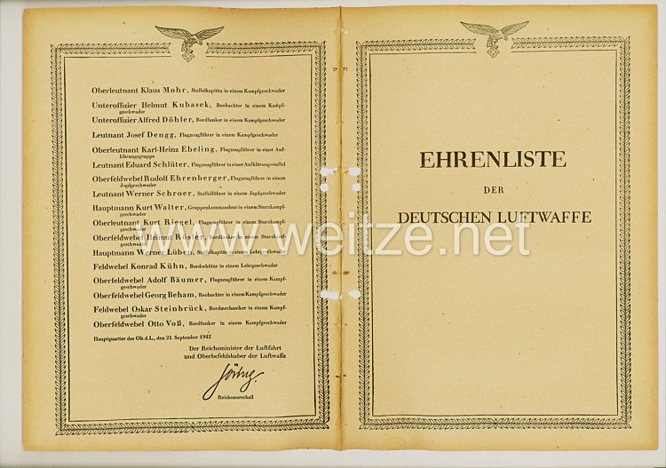 Ehrenliste der Deutschen Luftwaffe - Ausgabe vom 21.September 1942 Verleihungen DK in Gold 