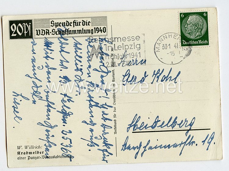 Heer - Willrich farbige Propaganda-Postkarte - " Kradmelder einer Panzer-Vorausabteilung " Bild 2