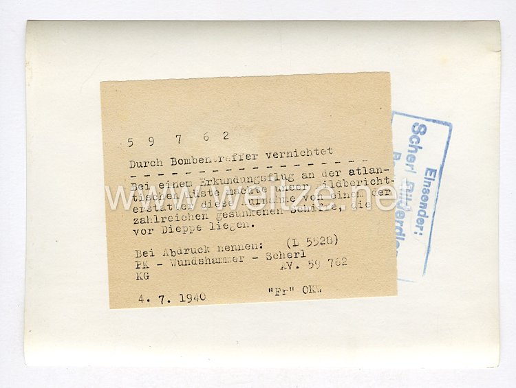 III. Reich Pressefoto. Durch Bombentreffer vernichtet. 4.7.1940. Bild 2