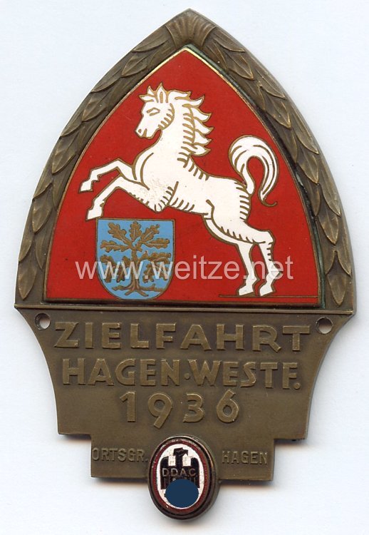 III. Reich - Der Deutsche Automobil Club ( D.D.A.C. ) - nichttragbare Teilnehmerplakette - " DDAC Ortsgruppe Hagen Zielfahrt Hagen/Westf. 1936 "