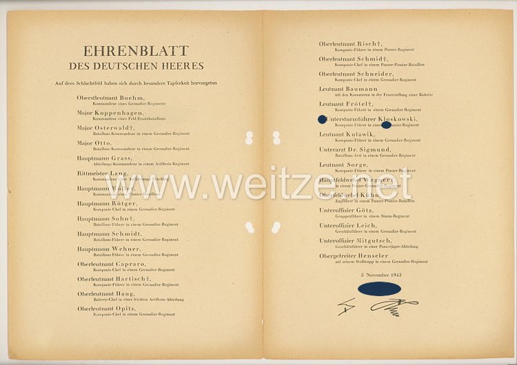 Ehrenblatt des deutschen Heeres - Ausgabe vom 5. November 1943