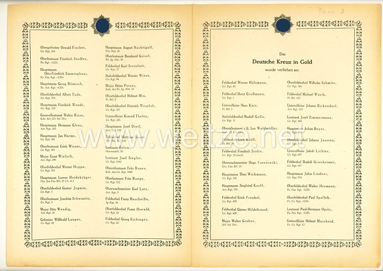 Verleihungsliste für das Deutsche Kreuz in Gold - Oktober 1944