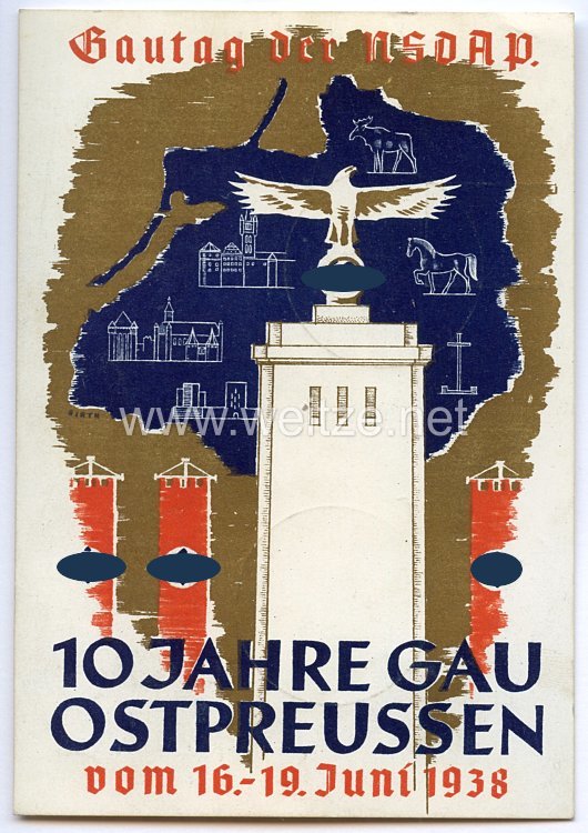 III. Reich - farbige Propaganda-Postkarte - " Gautag der NSDAP - 10 Jahre Gau Ostpreussen vom 16.-19. Juni 1938 "