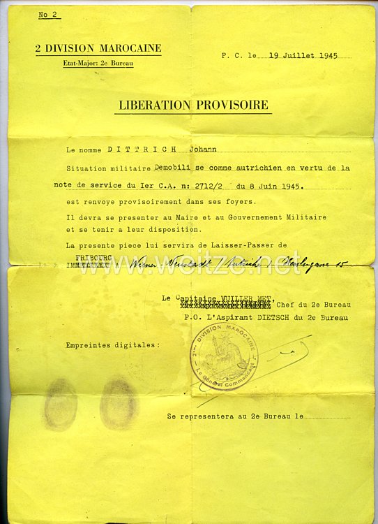 Frankreich Entlassungsschreiben eines Österreichers aus französischer Gefangenschaft.