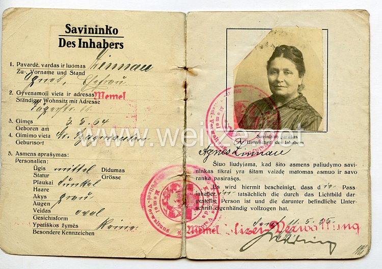 Weimarer Republik - Memelgebiet Personalausweis der Stadt " Memel " für eine Frau des Jahrgangs 1864 Bild 2