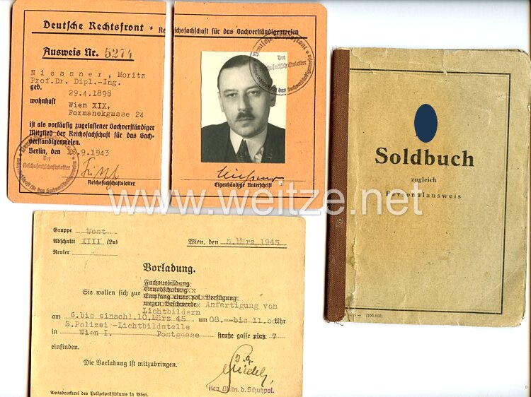 SS-Soldbuch für den späteren Bereitschaftsführer der Landes Schutzpolizei Professor Dr. Moritz Niessner aus Wien 