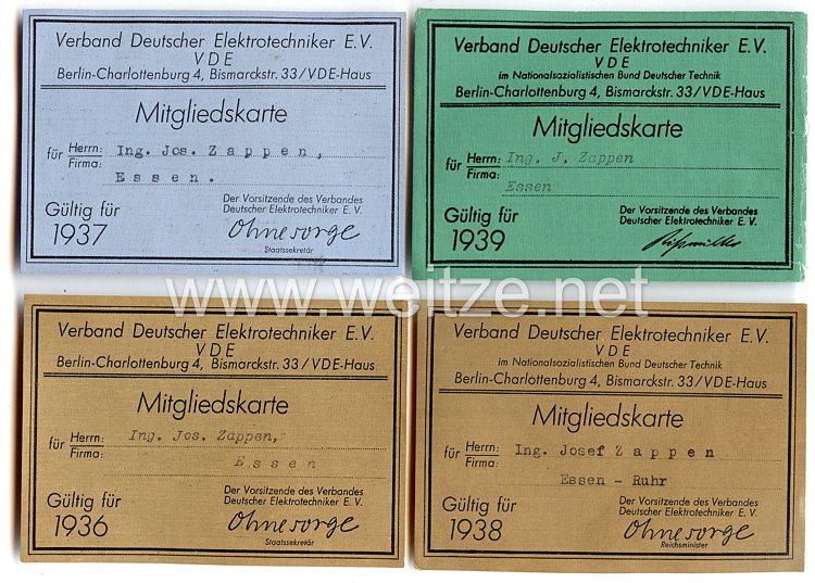 III. Reich - Verband Deutscher Elektrotechniker e.V. - 7 Mitgliedskarten für einen Ingenieur aus Essen Bild 2