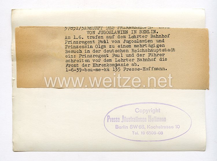III. Reich Pressefoto. Ankunft des Prinzregent Paul von Jugoslawischen in Berlin. 1.6.1939. Bild 2