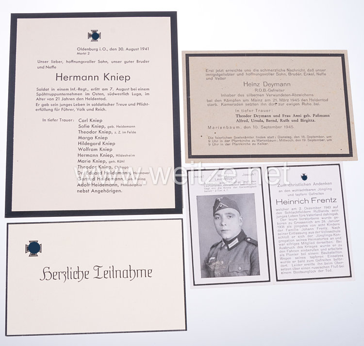 Wehrmacht Konvolut von Trauernachrichten, Beileidskarten und Sterbebild 