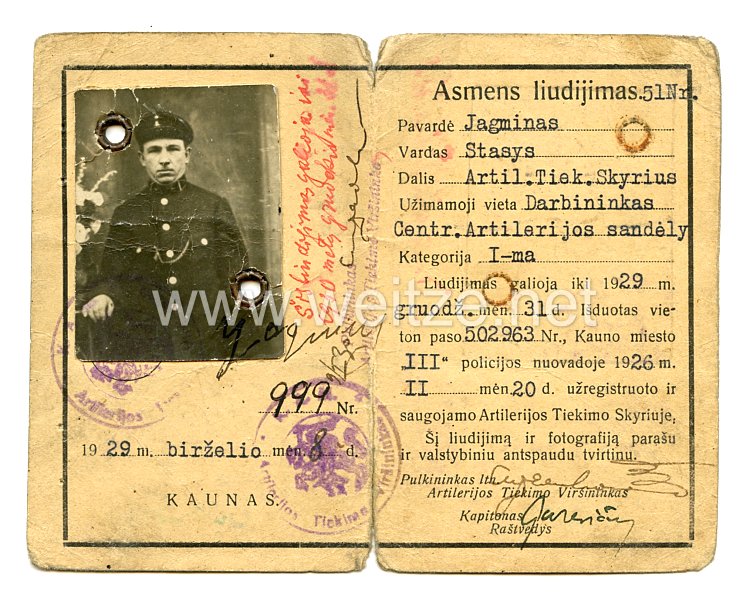 Lettland - Ausweis für einen Arbeiter bei der Artillerie - Schule Sandely 