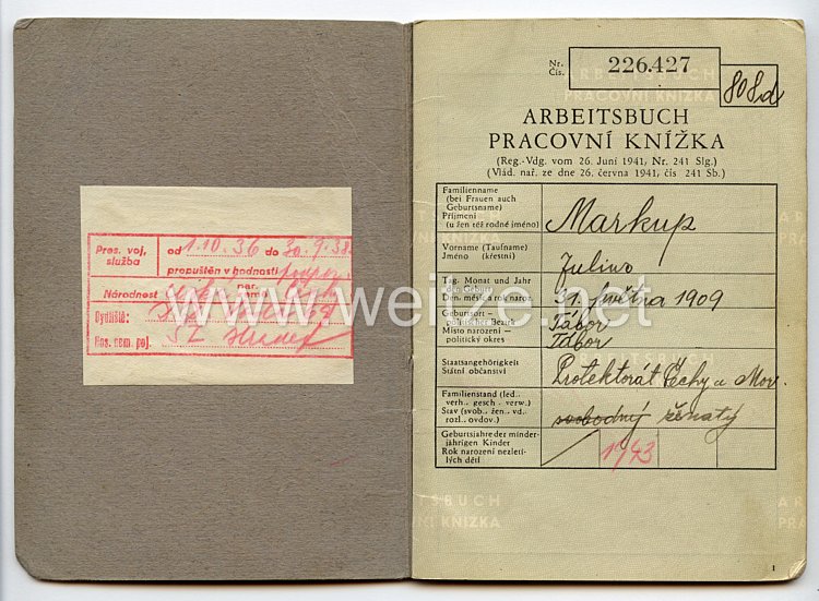 III. Reich - Protektorat Böhmen und Mähren - Arbeitsbuch für einen Mann des Jahrgangs 1909 Bild 2