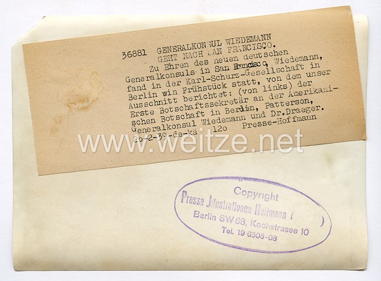 III. Reich Pressefoto. Generalkonsul Wiedemann geht nach San Franzisco. 20.2.1939. Bild 2