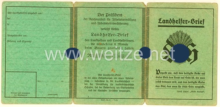 III. Reich - Landhelfer-Brief für einen Mann des Jahrgangs 1909 aus Hüttengesäß